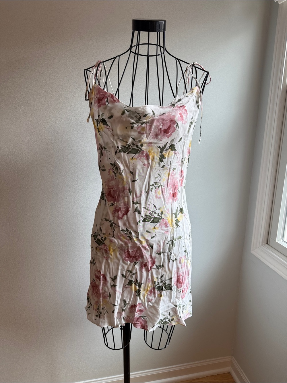 Floral Print Mini Slip Dress - White with Pink & Green
